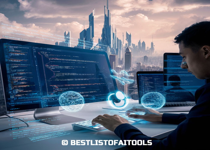 a man sitting at a desk with multiple computer screens