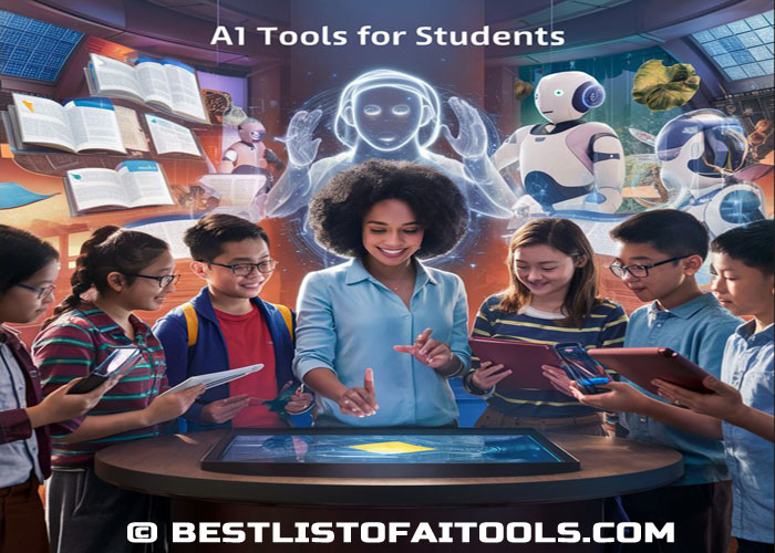 A teacher with student using AI for learning.