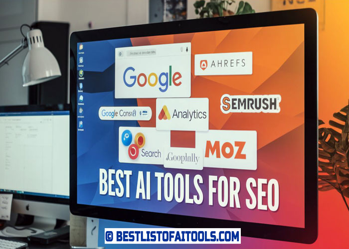 A computer screen with a colorful background with some AI SEO Tools