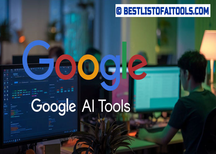 a man sitting at a desk with two computer screens in the Google's office.