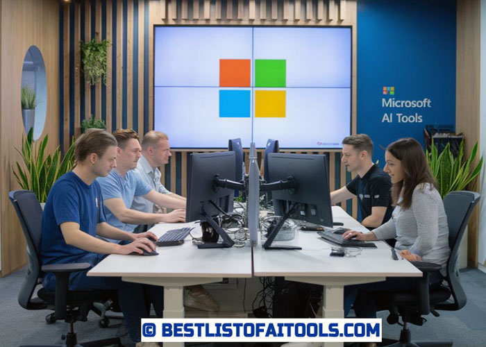 A group of people working on computers at Microsofts.